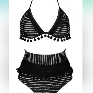 Cocoship Black and White Striped Bikini Womens 16 XL